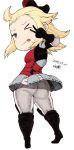  ahoge ass blonde_hair blue_eyes boots bow bravely_default:_flying_fairy bravely_default_(series) edea_lee from_behind gloves hair_bow looking_at_viewer one_eye_closed pants skirt solo tsukudani_(coke-buta) upskirt v white_legwear 