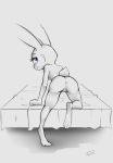  3_toes anthro anus bed bedroom_eyes bent_over breasts butt butt_focus disney eyelashes feet female full-length_portrait half-closed_eyes judy_hopps lagomorph long_ears looking_at_viewer looking_back mammal nude on_bed portrait presenting presenting_anus presenting_hindquarters presenting_pussy purple_eyes pussy qrog rabbit rear_view seductive short_tail sketch smile soles solo spot_color toes under_boob zootopia 