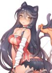  1girl ass bandage bandaged_arm bare_shoulders black_hair blush boots braid breasts butt_crack cat_ears cat_tail embarrassed folks_(nabokof) kneeling long_hair medium_breasts short_shorts shorts single_braid tail tail_grab tales_of_(series) tales_of_berseria velvet_crowe very_long_hair white_background yellow_eyes 