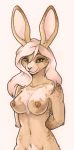  anthro breasts eyelashes female hair hands_behind_back lagomorph long_hair looking_at_viewer mammal navel nipples nude rabbit ruaidri simple_background smile solo white_background 