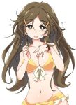  bikini brown_eyes brown_hair hair_ornament hairclip ixy long_hair navel shinomiya_himawari solo swimsuit upper_body vividred_operation yellow_bikini 