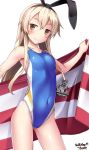  anchor_hair_ornament armpits artist_name blonde_hair blue_swimsuit collarbone competition_swimsuit covered_navel cowboy_shot dated flat_chest hair_between_eyes hair_ornament highres kantai_collection long_hair looking_at_viewer one-piece_swimsuit shimakaze_(kantai_collection) simple_background smile solo standing striped_towel swimsuit towel tsuchimiya white_background yellow_eyes 