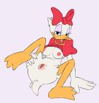  anthro areola avian bird bow breasts clitoris clothing daisy_duck disney duck eyelashes feathers female looking_at_viewer lying nipples on_back presenting pussy shirt simple_background solo tongue unknown_artist white_feathers 