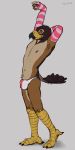  2018 anal anthro arm_warmers armwear avian beak bird bulge clothing digital_drawing_(artwork) digital_media_(artwork) feathers full-length_portrait koorivlf male mostly_nude nipples portrait simple_background skinny smile solo_focus standing stretching talons underwear yellow_beak 