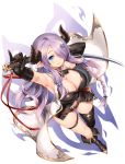  armpits bare_shoulders black_footwear black_gloves black_legwear blue_eyes blush boots breasts cleavage draph from_above gloves granblue_fantasy hair_ornament hair_over_one_eye highres holding holding_sword holding_weapon horns large_breasts lavender_hair long_hair looking_at_viewer narmaya_(granblue_fantasy) pinky_out pointy_ears purple_hair shinozuka_atsuto single_thighhigh smile solo standing sword thigh_strap thighhighs very_long_hair weapon white_background 