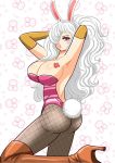  1girl artist_request ass blush breasts candy charlotte_smoothie cleavage huge_breasts large_breasts one_piece open_mouth pink_background portrait simple_background solo sparkle tattoo white_hair 