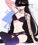  bare_shoulders black_hair black_panties bra flower garter_straps lingerie long_hair looking_at_viewer mao_(expuella) navel panties solo tales_of_(series) tales_of_berseria tattoo thighhighs underwear velvet_crowe very_long_hair 