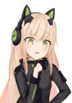 absurdres animal_ears bangs blonde_hair blush cat_ear_headphones cat_ears cat_tail coat commentary_request eyebrows_visible_through_hair girls_frontline gloves green_eyes hair_between_eyes half_gloves hand_on_hip hand_up headphones highres long_hair looking_at_viewer melody-05 open_mouth sidelocks simple_background solo tail tmp_(girls_frontline) very_long_hair white_background yandere 