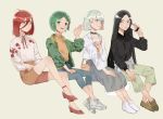  ahoge alternate_costume androgynous bag black_eyes black_hair bomber_jacket bort casual cellphone choker clothes_around_waist contemporary diamond_(houseki_no_kuni) flat_chest frown green_eyes green_hair hair_between_eyes houseki_no_kuni humanization invisible_chair jacket jacket_around_waist long_bangs long_hair multicolored multicolored_eyes multicolored_hair multiple_girls neck_ribbon phone phosphophyllite rainbow_eyes rainbow_hair rainfoxuwu red_eyes red_hair ribbon see-through shinsha_(houseki_no_kuni) shoes short_hair side-by-side sitting skirt smartphone smile sneakers spoilers watch wristwatch 
