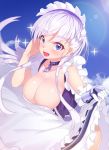  apron areola_slip areolae arm_guards azur_lane bad_id bad_pixiv_id bangs belfast_(azur_lane) braid breasts chain cleavage cloud collar collarbone corset covered_nipples day dress dress_lift eyebrows_visible_through_hair french_braid frilled_apron frilled_dress frilled_gloves frills gloves hips large_breasts leaning_forward lens_flare lifted_by_self maid maid_apron maid_headdress no_bra open_mouth purple_eyes silver_hair single_glove sky smile sparkle white_apron white_gloves yuruto 