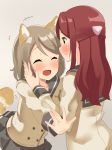 2girls \||/ ^_^ animal_ears bad_id bad_pixiv_id blush closed_eyes dog_ears dog_tail double-breasted eyebrows_visible_through_hair grey_background grey_hair grey_skirt hair_ornament hairclip half_updo hand_on_another's_cheek hand_on_another's_face highres imminent_hug kemonomimi_mode long_hair long_sleeves looking_at_another love_live! love_live!_sunshine!! miniskirt multiple_girls notice_lines open_mouth pleated_skirt red_hair sakurauchi_riko school_uniform serafuku short_hair skirt smile tail uni_mmtab uranohoshi_school_uniform watanabe_you yellow_eyes yuri 