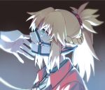  bangs blonde_hair braid bridle brown_background collar collared_jacket eyebrows_visible_through_hair fate/apocrypha fate_(series) green_eyes jacket leash long_hair looking_away mordred_(fate) mordred_(fate)_(all) o-ring open_clothes open_jacket parted_lips ponytail portrait profile red_jacket solo_focus yorukun 