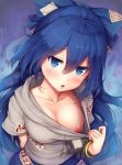  arm_behind_back blue_bow blue_eyes blue_hair blue_skirt blush bow bracelet breasts collarbone commentary_request dark_blue_hair debt eyebrows_visible_through_hair flashing grey_hoodie hair_between_eyes hair_bow highres hood hoodie jewelry jitome long_hair looking_at_viewer medium_breasts nipples no_bra one_breast_out open_mouth shiny shiny_hair short_sleeves skirt snowcanvas solo stuffed_animal stuffed_toy touhou very_long_hair yorigami_shion 