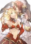  bare_shoulders blonde_hair breasts brown_hair cleavage detached_collar detached_sleeves fate/apocrypha fate/grand_order fate_(series) flower frankenstein's_monster_(fate) green_eyes hair_flower hair_ornament hair_over_one_eye hand_on_hip height_difference highres horn medium_hair mordred_(fate) mordred_(fate)_(all) multiple_girls navel no-kan rejection revealing_clothes short_hair small_breasts strapless sweat tubetop underboob veil yellow_eyes 