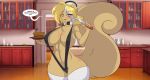  2018 5_fingers anthro bedroom_eyes big_breasts big_tail bikini blonde_hair breasts cleavage clothed clothing detailed_background dialogue english_text female fluffy fluffy_tail food fur hair half-closed_eyes kitchen knife looking_at_viewer mammal mastergodai navel open_mouth orange_eyes rodent sandwich_(food) seductive sling_bikini solo speech_bubble squirrel standing swimsuit tan_fur text thick_thighs voluptuous wide_hips 