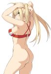  adjusting_hair ahoge arms_up ass bangs blonde_hair blush bottomless breasts closed_mouth criss-cross_halter earrings eyebrows_visible_through_hair fate/grand_order fate_(series) from_behind hair_intakes halter_top halterneck jewelry legs_apart long_hair looking_at_viewer looking_back medium_breasts nero_claudius_(fate)_(all) nero_claudius_(swimsuit_caster)_(fate) profile shiseki_hirame simple_background smile solo standing striped_bikini_top twintails white_background 