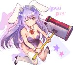  ;) animal_ears bare_shoulders breasts bunny_ears bunnysuit cleavage commentary_request copyright_name detached_collar erina_(rabi-ribi) hammer high_heels huge_weapon leotard long_hair looking_up one_eye_closed purple_eyes purple_hair purple_leotard rabi-ribi rk_(rktorinegi) shoes single_thighhigh sitting smile solo star strapless strapless_leotard thighhighs very_long_hair weapon white_legwear 