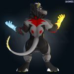  2018 3d_(artwork) anthro balls canine demon digital_media_(artwork) elemental fur laionss looking_at_viewer mammal nude simple_background smile solo 