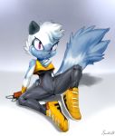  2018 anthro big_tail bodysuit breasts byondrage camel_toe chest_tuft clothed clothing female fingerless_gloves footwear fur gloves grey_fur hi_res lemur mammal multicolored_fur primate purple_eyes shirt shoes signature simple_background sitting skinsuit smile solo sonic_(series) striped_tail stripes tangle_the_lemur tank_top tight_clothing tuft two_tone_fur white_fur 