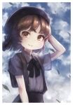  artist_name black_hat blush brown_eyes brown_hair closed_mouth collared_shirt day eyebrows_visible_through_hair gotcha_(artist) hat hatoba_tsugu hatoba_tsugu_(character) highres leaf looking_at_viewer mole mole_under_eye outdoors shirt short_hair short_sleeves signature smile solo upper_body virtual_youtuber 