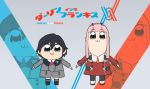  1girl :3 bangs bkub_(style) black_hair blue_eyes commentary couple darling_in_the_franxx eyebrows_visible_through_hair green_eyes hair_ornament hairband hetero hiro_(darling_in_the_franxx) horns long_hair long_sleeves looking_at_viewer military military_uniform necktie oni_horns orange_neckwear pink_hair pipimi poptepipic popuko red_horns red_neckwear u_yuz_xx uniform white_hairband zero_two_(darling_in_the_franxx) 
