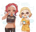  ass_visible_through_thighs closed_eyes clothes_writing coffee_mug commentary cup dark_skin fangs groin inkling light_blush midriff mug multiple_girls navel octarian octoling off_shoulder open_mouth orange_hair oversized_clothes pink_hair pointy_ears shirt splatoon_(series) splatoon_2 splatoon_2:_octo_expansion stomach teeth tentacle_hair thigh_gap toothbrush yawning yu-ri 