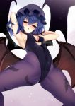  alternate_costume animal_print armpits arms_behind_head arms_up bare_arms bat_print bat_wings black_hat blue_hair breasts commentary_request cosplay covered_navel feet_out_of_frame gradient gradient_background hair_between_eyes hat head_tilt highres leotard looking_at_viewer mob_cap morrigan_aensland morrigan_aensland_(cosplay) pantyhose parted_lips print_legwear purple_background purple_legwear red_eyes remilia_scarlet short_hair sinkai small_breasts solo spread_legs standing touhou vampire_(game) white_background wings 