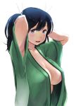  absurdres armpit_peek arms_up black_hair blue_eyes blush breasts cleavage collarbone covered_nipples gradient green_kimono highres japanese_clothes kantai_collection kimono large_breasts long_hair looking_at_viewer no_bra open_mouth ribbon short_hair simple_background smile solo souryuu_(kantai_collection) twintails upper_body wa_(genryusui) white_background wide_sleeves 