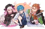  2boys ascot beard blue_eyes blue_hair bow bowtie brown_footwear cape capelet commentary cup currypang doll_joints eyebrows_visible_through_hair facial_hair fate/grand_order fate_(series) frilled_skirt frills hans_christian_andersen_(fate) hat long_hair mob_cap multiple_boys nursery_rhyme_(fate/extra) open_mouth pink_eyes pink_hair quill red_hair shoes shorts skirt smile teacup teapot very_long_hair william_shakespeare_(fate) 