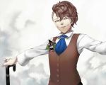  asymmetrical_hair biwasaka_eiji brown_eyes brown_hair caligula_(game) cane cracked_skin flower haruno14 jewelry male_focus necktie outstretched_arms ring solo spread_arms vest 
