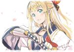  blonde_hair blue_eyes bow cherry_blossoms dated errant granblue_fantasy hand_on_hilt japanese_clothes katana looking_at_viewer mirin_(granblue_fantasy) signature sketch sword weapon 