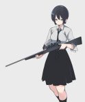  absurdres akagawa007 black_hair blue_eyes commentary gun highres holding holding_gun holding_weapon necktie original rifle school_uniform short_hair simple_background sniper_rifle solo weapon 