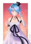  absurdres ahoge alternate_eye_color arm_strap bangs bare_shoulders blue_hair blush closed_mouth collarbone commentary dress elbow_gloves embarrassed girls_frontline gloves hair_ornament hair_over_one_eye hair_twirling hairband hairclip highres looking_at_viewer nixour purple_eyes short_hair twitter_username white_dress zas_m21_(girls_frontline) 