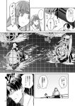  1boy 2girls alternate_hairstyle bangs blunt_bangs breasts comic crosshair eyebrows_visible_through_hair flip-flops frown greyscale grid hair_down i-19_(kantai_collection) kantai_collection labcoat large_breasts long_hair long_sleeves mask monochrome multiple_girls no_eyes ocean open_mouth outdoors page_number railing ringed_eyes sandals shaded_face shinkaisei-kan short_sleeves spoken_ellipsis standing sweat sweatdrop tanaka_io_(craftstudio) translation_request turret wide-eyed 