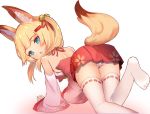  all_fours animal_ear_fluff animal_ears ass bare_back bare_shoulders bell blonde_hair blue_eyes commentary_request detached_sleeves fox_ears fox_tail from_behind hair_ornament hairclip japanese_clothes jingle_bell kemomimi_oukoku_kokuei_housou leg_lift long_hair looking_back maebari miko mikoko_(kemomimi_oukoku_kokuei_housou) miniskirt open_mouth pink_shirt red_skirt rk_(rktorinegi) shirt skirt solo tail thighhighs twintails white_legwear 