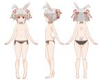  animal_ears ass ass_visible_through_thighs bangs barefoot black_choker black_panties breasts bunny_ears bunny_girl bunny_tail character_sheet choker closed_mouth collarbone commentary_request copyright_request eyebrows_visible_through_hair flat_ass hair_between_eyes hair_rings kakuno multiple_views no_nipples panties pigeon-toed profile red_eyes shoulder_blades side-tie_panties sidelocks silver_hair simple_background small_breasts smile standing tail topless underwear underwear_only white_background 