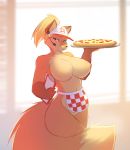  2018 anthro apron big_breasts blonde_hair blue_eyes breasts canine clothing collaboration featureless_breasts featureless_crotch female food fox fur hair hat looking_at_viewer mammal menu microphone mostly_nude multicolored_tail navel orange_fur pizza shawl smile solo starfighter woadedfox 