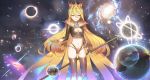  ass_visible_through_thighs blonde_hair breasts cape cleavage cleavage_cutout crown cthulhu_mythos eyebrows_visible_through_hair fingerless_gloves genderswap genderswap_(mtf) gloves hair_between_eyes hastur highleg holding holding_staff king_in_yellow long_hair looking_at_viewer medium_breasts midriff navel orange_eyes solo staff standing thigh_gap tttanggvl yellow_sign 