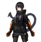  bangs black_hair cowboy_shot cyberpunk cyborg eyepatch highres kasagarasu looking_at_viewer mechanical_arm mechanical_tail orange_eyes original prosthesis science_fiction short_hair slit_pupils sumi_elias swept_bangs tail thighhighs white_background 