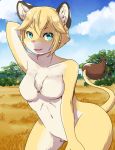  1girl blonde_hair blue_eyes breasts furry kemoribon lion nude open_mouth solo 