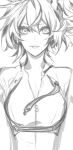  belt breasts chaldea_uniform fate/grand_order fate_(series) fujimaru_ritsuka_(female) greyscale highres lips looking_at_viewer messy_hair miwa_shirou monochrome one_side_up parted_lips popped_collar short_hair simple_background sketch solo upper_body white_background 