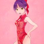  akagi_(fmttps) bangs bare_shoulders bow china_dress chinese_clothes cleavage_cutout dress eyebrows_visible_through_hair fangs gegege_no_kitarou hair_bow hands_on_hips looking_at_viewer nekomusume nekomusume_(gegege_no_kitarou_6) open_mouth parted_bangs pelvic_curtain pink_background pointy_ears purple_hair red_bow red_dress short_hair side_slit solo yellow_eyes 