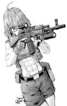  abs ahoge ak-47 assault_rifle belt ebr-kii glasses grenade_launcher greyscale gun highres holding holding_gun holding_weapon midriff monochrome muscle muscular_female open_clothes open_vest original rifle shorts solo tank_top trigger_discipline underbarrel_grenade_launcher vest weapon white_background 