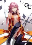  absurdres bare_shoulders black_legwear breasts center_opening cleavage commentary_request detached_sleeves elbow_gloves fingerless_gloves gloves guilty_crown hair_ornament hairclip highres insoom long_hair looking_at_viewer navel pink_hair red_eyes solo thighhighs twintails yuzuriha_inori 