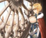  artoria_pendragon_(all) artoria_pendragon_(lancer) bangs black_dress blonde_hair braid breasts building cape cityscape cleavage closed_mouth cloud cloudy_sky commentary_request crown day dress eyebrows_visible_through_hair fate/grand_order fate_(series) fur-trimmed_cape fur_trim gauntlets green_eyes hair_between_eyes hand_up indoors large_breasts long_hair looking_away red_cape sidelocks sky solo standing throtem window 