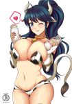  animal_print bare_shoulders bell bell_collar blue_eyes blue_hair breasts collar commentary cow_girl cow_print fire_emblem fire_emblem:_seima_no_kouseki horns huge_breasts large_breasts long_hair milk navel panties pegasus_knight ponytail revolverwing smile solo tana underwear 