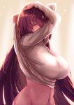  breasts clothes_pull eyebrows_visible_through_hair fate/grand_order fate_(series) gradient gradient_background hands_above_head large_breasts long_hair looking_at_viewer navel purple_hair red_eyes ribbed_sweater saboten_teishoku scathach_(fate)_(all) scathach_(fate/grand_order) solo sweater sweater_pull upper_body very_long_hair white_background white_sweater wide_hips 