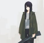  akagawa007 bangs battle_rifle black_hair blue_eyes blunt_bangs gun highres holding holding_gun holding_weapon jacket long_hair m14 original rifle simple_background solo weapon 