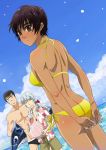  2boys :d arms_behind_back ass bangs berserk bikini black_hair blue_sky blush breasts brown_eyes casca cloud collarbone cowboy_shot dark_skin day dutch_angle eyebrows_visible_through_hair floral_print griffith guts hair_ribbon jewelry long_hair looking_back medium_breasts multiple_boys necklace ocean open_clothes open_mouth open_shirt otowe outdoors ponytail red_ribbon ribbon shiny shiny_skin short_hair shorts silver_hair sky smile sweatdrop swimsuit swimwear yellow_bikini 