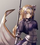  armor armored_dress banner blonde_hair blue_eyes braid breasts eyebrows_visible_through_hair fate/apocrypha fate_(series) grey_background hair_between_eyes holding jeanne_d'arc_(fate) jeanne_d'arc_(fate)_(all) large_breasts long_hair looking_at_viewer moppo ponytail single_braid solo very_long_hair 